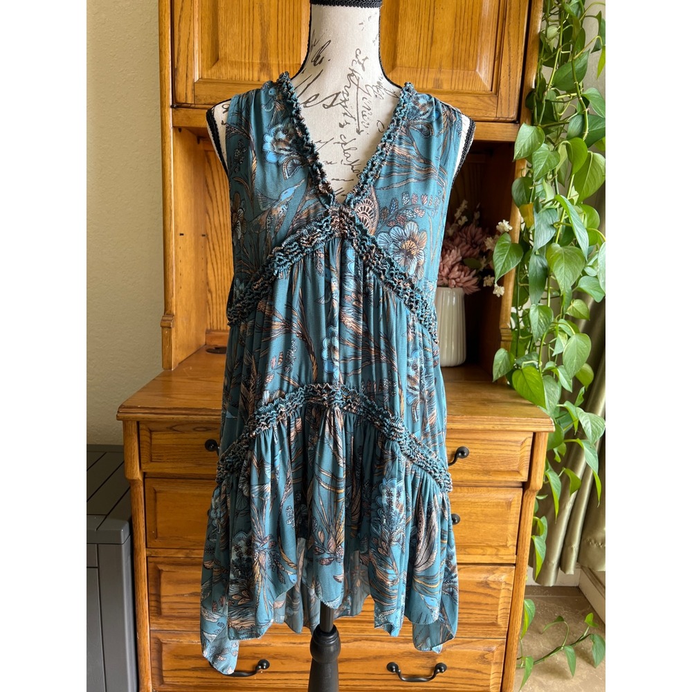 Free People Teal Haze Floral Print Tiered V-Neck Tunic Top Small